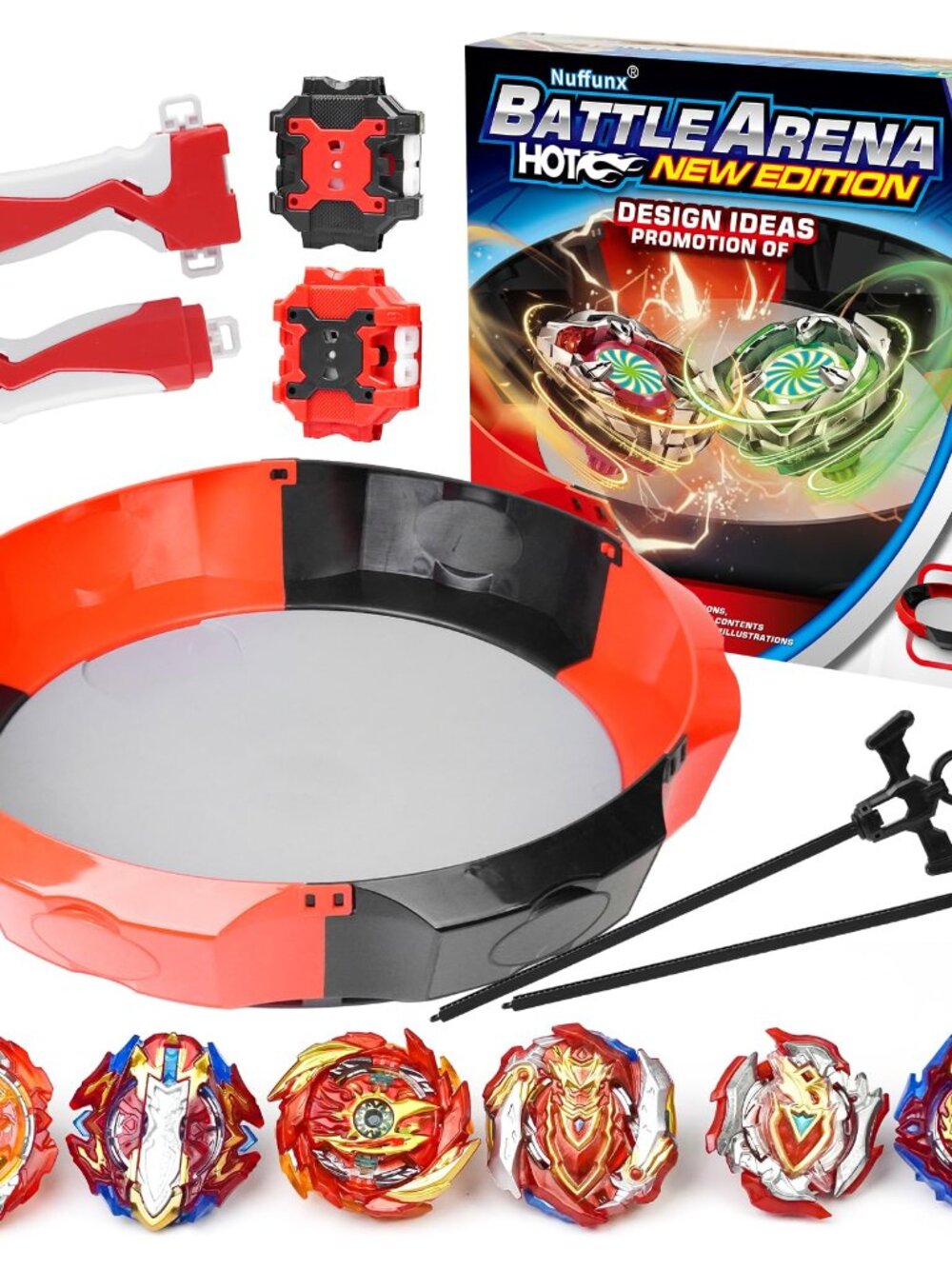 Battle Burst Tops Set 17.8" Stadium 6 Spinning Tops 2 Launchers Red New